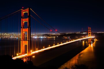 Scenic night shot of the Golden Gate bridge with decorative lights and skyline in the background