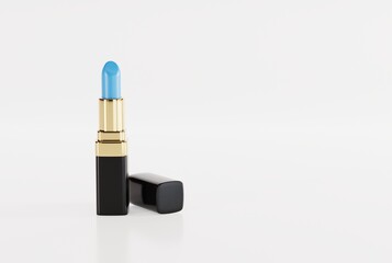 Blue lipstick on a light background. The concept of women's lip painting, using a variety of lipsticks for lips. 3D render, 3D illustration.