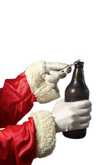 Santa Claus opening a beer bottle. Transparent background and selective focus.	
