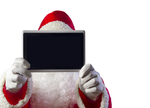 Santa Claus showing one mobile tablet computer isolated on transparent background	
