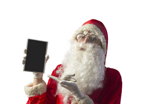 Santa Claus showing a mobile tablet computer.	
Transparent background