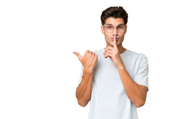 Young caucasian handsome man over isolated background pointing to the side and doing silence gesture