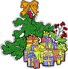 Christmas and New Year present, xmas gift. Decorative elements design composition for poster print, party celebration invitation, sale promotion banner. Hand drawn cartoon style illustration.