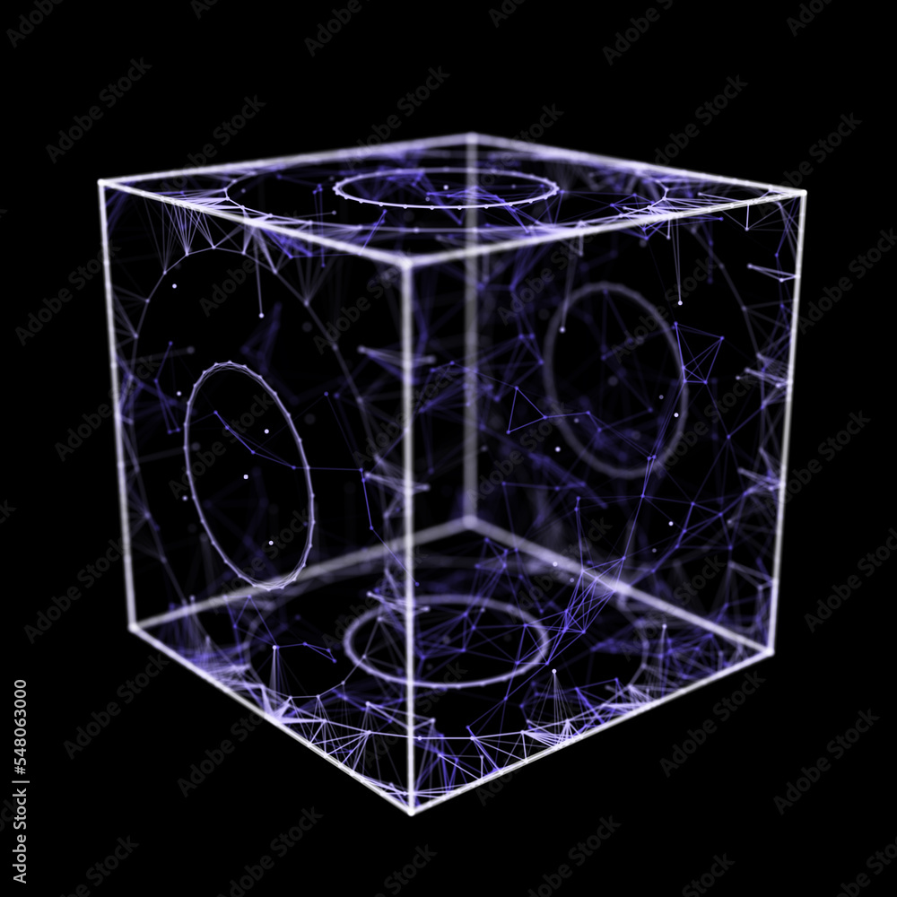 Poster abstract lines connection in the shape of glass cube. mesh square with sphere in it. global digital 