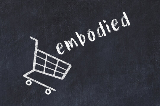 Chalk drawing of shopping cart and word embodied on black chalboard. Concept of globalization and mass consuming