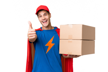 Super Hero delivery man over isolated background with thumbs up because something good has happened