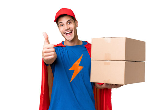 Super Hero delivery man over isolated background with thumbs up because something good has happened