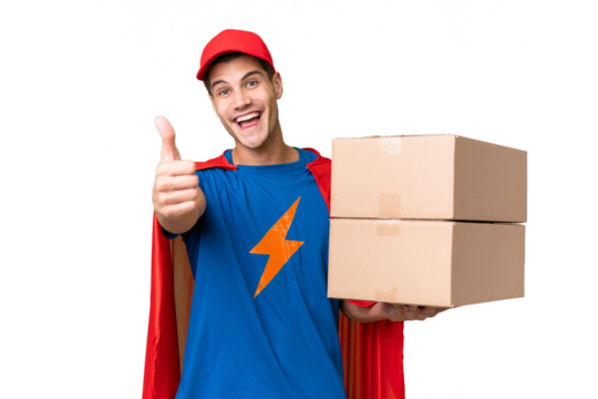 Super Hero delivery man over isolated background with thumbs up because something good has happened
