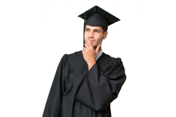 Young university graduate caucasian man over isolated background having doubts and with confuse face expression