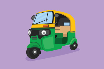 Graphic flat design drawing rickshaw traditional transportation in India which serves local passenger or foreign tourist who are on vacation. Vehicles on the roadway. Cartoon style vector illustration - obrazy, fototapety, plakaty