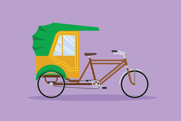 Graphic flat design drawing cycle rickshaw seen from the side pulls the passenger sitting behind it with a bicycle pedal. Tourist vehicle in Asia countries. Cartoon style character vector illustration - obrazy, fototapety, plakaty