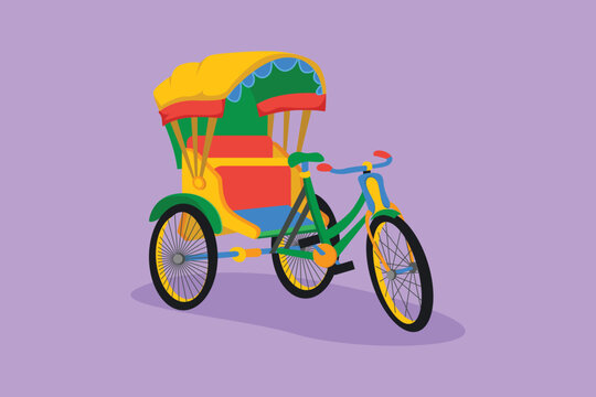 Character flat style drawing cycle rickshaw with three wheels and rear passenger seat is an ancient vehicle in several Asian countries. Traditional transportation. Cartoon design vector illustration