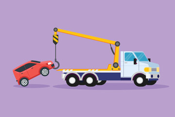 Character flat drawing tow truck is lifting the broken car to be lifted onto it using the crane. Damaged car in traffic accident. Service assistance on the highway. Cartoon design vector illustration