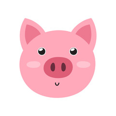 Cute pig face in cartoon style. Farm character head for baby and kids design. Funny smiling animal print. Vector illustration
