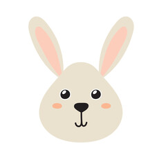 Cute rabbit face in cartoon style. Farm character head for baby and kids design. Funny smiling animal print. Vector illustration