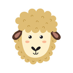 Cute sheep face in cartoon style. Farm character head for baby and kids design. Funny smiling animal print. Vector illustration