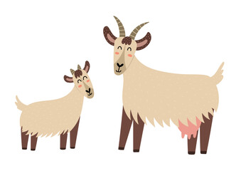 Mother goat with her baby kid. Cute farm animal characters - mom and her child. Mother Day print for kids. Vector illustration