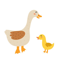 Mother goose with her baby gosling. Cute farm animal characters - mom and her child. Mother Day print for kids. Vector illustration