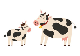 Mother cow with her baby calf. Cute farm animal characters - mom and her child. Mother Day print for kids. Vector illustration