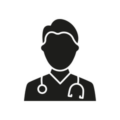 Professional Doctor with Stethoscope Silhouette Icon. Male Physicians Specialist and Assistant Glyph Black Pictogram. Isolated Vector Illustration