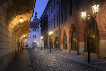 Fototapeta na wymiar Night street near the Carolinum - historical building of Charles University in Prague at night with lanterns. Prague.