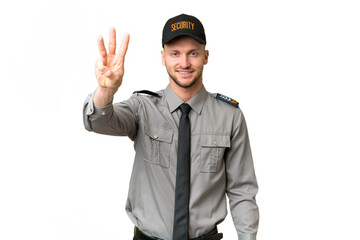 Young security caucasian man over isolated background happy and counting three with fingers