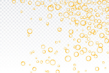 Golden air bubbles, oxygen, champagne crystal clear, isolated on a transparent background of modern design. Vector illustration of eps 10.
