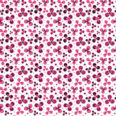 Pattern of small vector flowers on a transparent background. Dark and light shades of pink, flowers with three teardrop-shaped petals.