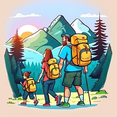 Family hiking or location app . father, mother and children walking outdoors, carrying backpacks and picnic basket. 2d illustrated illustration for camping, adventure travel, active hikers topics