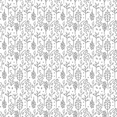 Vector pattern from contours of leaves, twigs. Lacy black pattern of thin lines. Seamless image.
