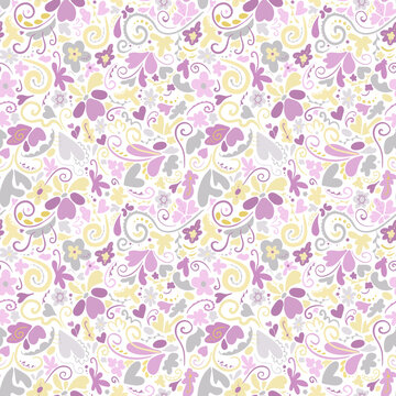 Gentle yellow-pink pattern of flower petals, spirals, abstract shapes. Seamless vector image on a transparent background