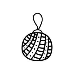 Christmas ball doodle isolated. Christmas tree decoration element, christmas ball with stripes and polka dots. Black lines on white background. Cute hand drawn vector illustration.