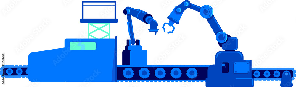 Poster assembly line with industrial robotic arms semi flat color raster object. full sized item on white. 