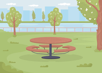 Picnic table surrounded by residential green space flat color raster illustration. Urban environment. Outdoor venue. Green place for picnic in park 2D simple cartoon landscape with city on background - obrazy, fototapety, plakaty