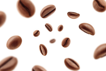 Falling coffee beans isolated on white background, selective focus