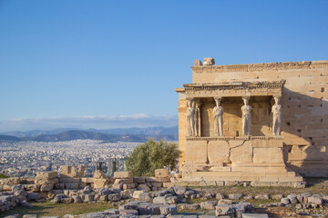 Beautiful view of the Acropolis and Erechtheion in Athens, Greece