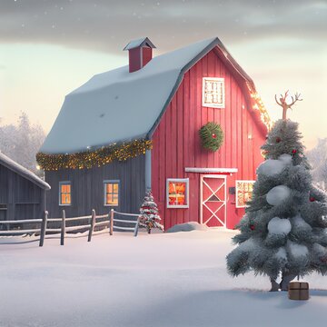 Christmas Farmhouse - Christmas Snow Scene With Farm House, Tree And Fence