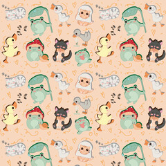 Cute and funny pattern with animals and pets: frog, duck and cat