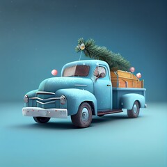 Blue Christmas truck with Christmas tree in the trunk on isolated background, illustration