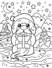 Cute gnome with a gift. Coloring book for children. Gnome coloring book. Black and white vector illustration.