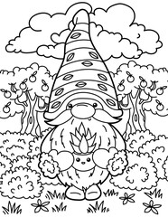 Cute gnome near apple trees with home flower in a pot. Coloring book for children. Gnome coloring book. Black and white vector illustration.