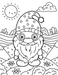 Cute gnome in the summer garden. Coloring book for children. Gnome coloring book. Black and white vector illustration.