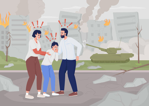 Terrified Family In Destroyed City Flat Color Raster Illustration. Stop War. Outbreak Of Hostilities. Crying People 2D Simple Cartoon Characters With Devastated Hometown On Background