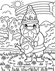 Gnome with a watering can in the garden. Coloring book for children. Gnome coloring book. Black and white vector illustration.