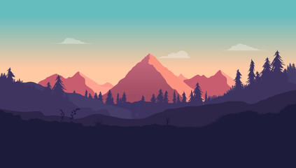 Vector nature background - Landscape with mountain, forest and beautiful sky at sun down. Flat design illustration 