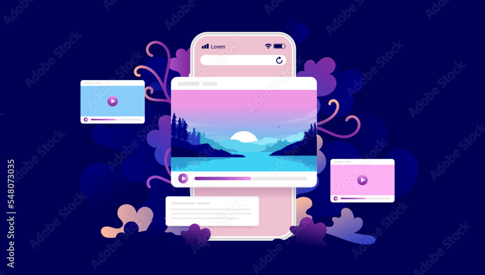 Poster video on mobile phone screen - smartphone with movie windows and viral content elements popping out 