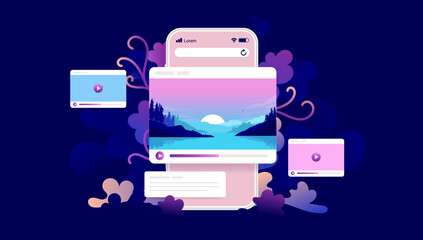 Video on mobile phone screen - Smartphone with movie windows and viral content elements popping out on dark decorative background. Semi flat colourful vector illustration - obrazy, fototapety, plakaty