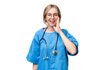 Young nurse English woman over isolated background shouting with mouth wide open