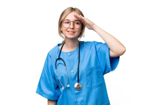 Young nurse English woman over isolated background looking far away with hand to look something