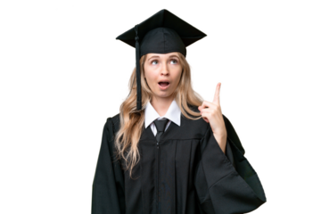 Young university English graduate woman over isolated background thinking an idea pointing the finger up